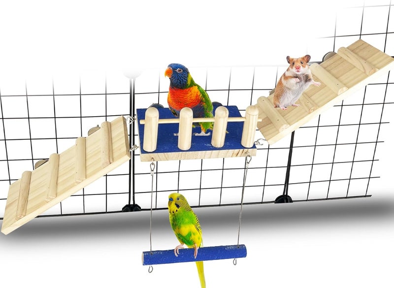 FlidRunest Bird Toy, Parrot Perch Platform with Swing and Ladder, Bird Perch Paw Grinding Rough-surfaced, Wooden Climbing Exercise Stands for Parakeet, Parrot, Lovebird, Cockatiel, Hamster - Image 4